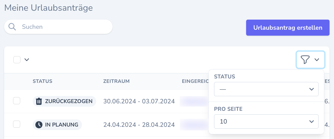 Filtermenü auf meine Urlaubsanträge Listenseite