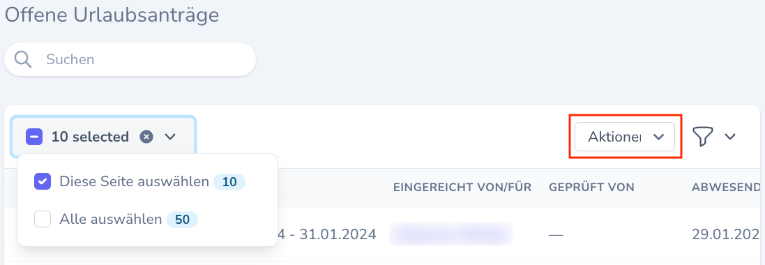 Links: Auswahlmenü, Rechts: Auswahlaktionen