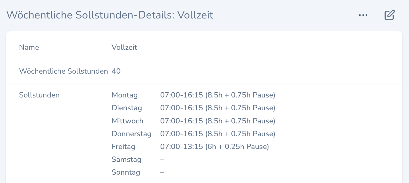 Detail: Wöchentliche Sollstunden
